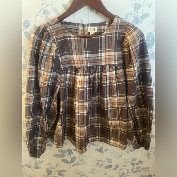 a.n.a Tops - a.n.a Women’s Plaid Baby Doll Blouse Long Sleeves Size M Brown Beige. New w tag